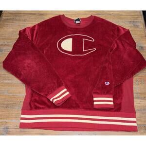 Champion Mens Corduroy Crew Sweatshirt 2XL XXL Maroon Red Logo Cotton Athletic